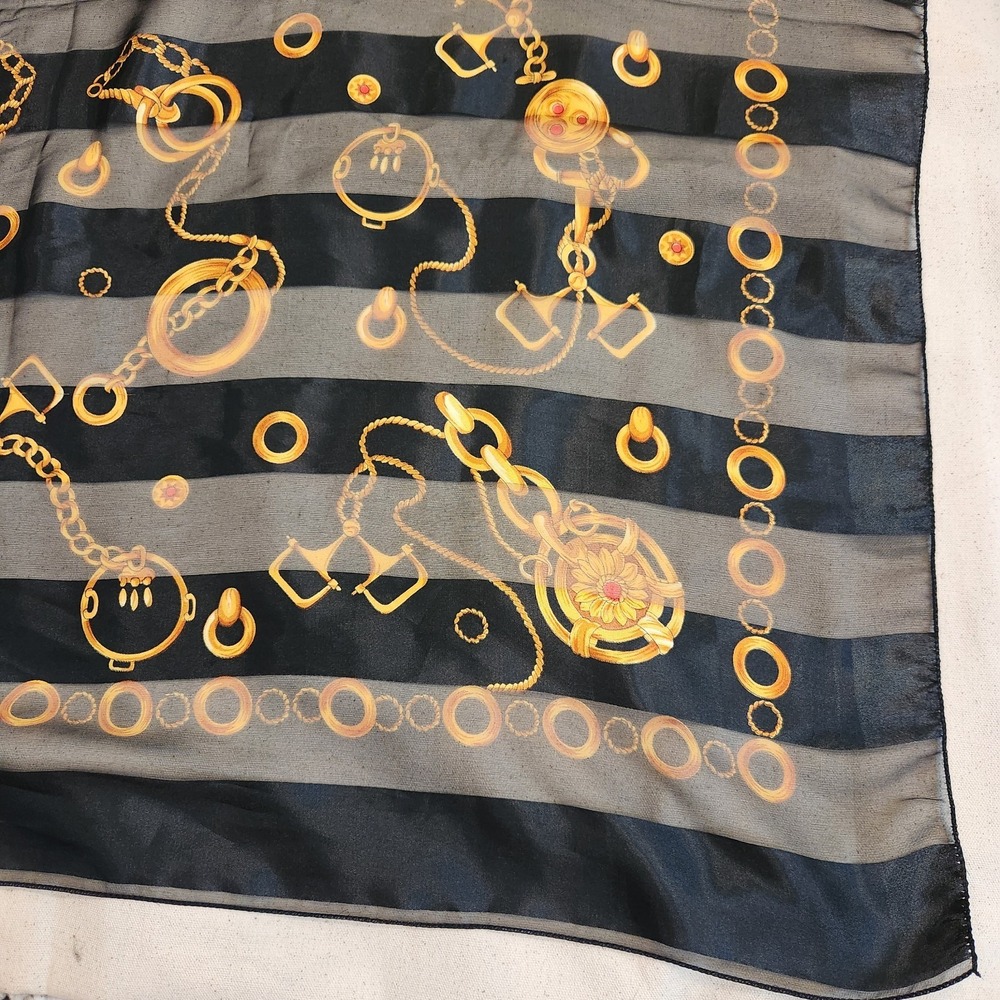 Vintage Black Gold Equestrian Chain Print Sheer Square Scarf Striped Chic Medal
